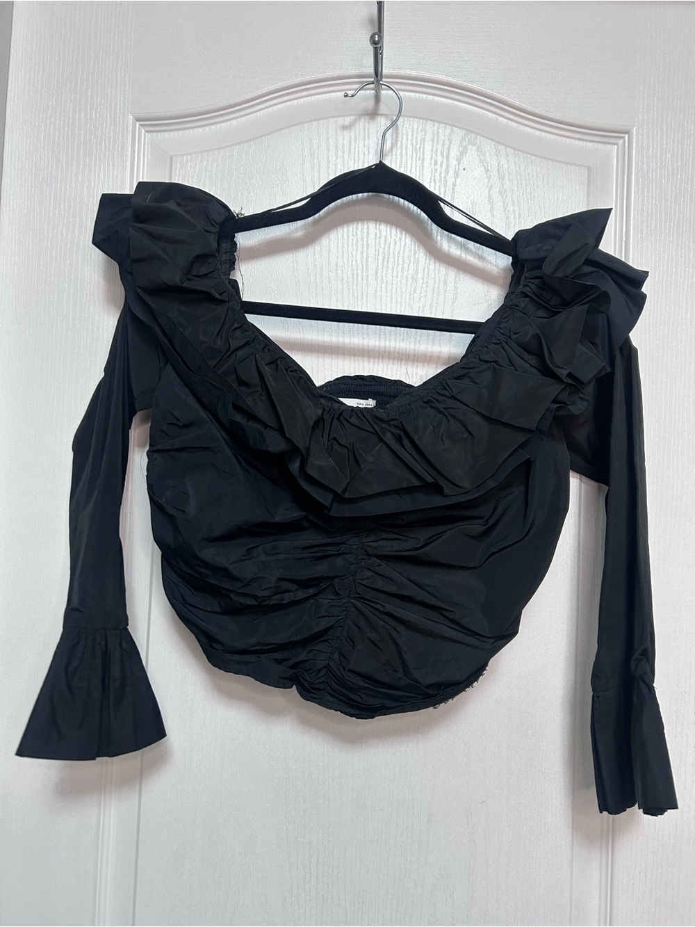 Zara Black Ruffled Off-Shoulder Ruched Crop Top